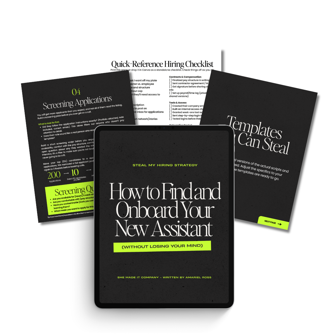 Steal My Hiring Strategy Ebook: How to Find and Onboard Your First Assistant (Without Losing Your Mind)